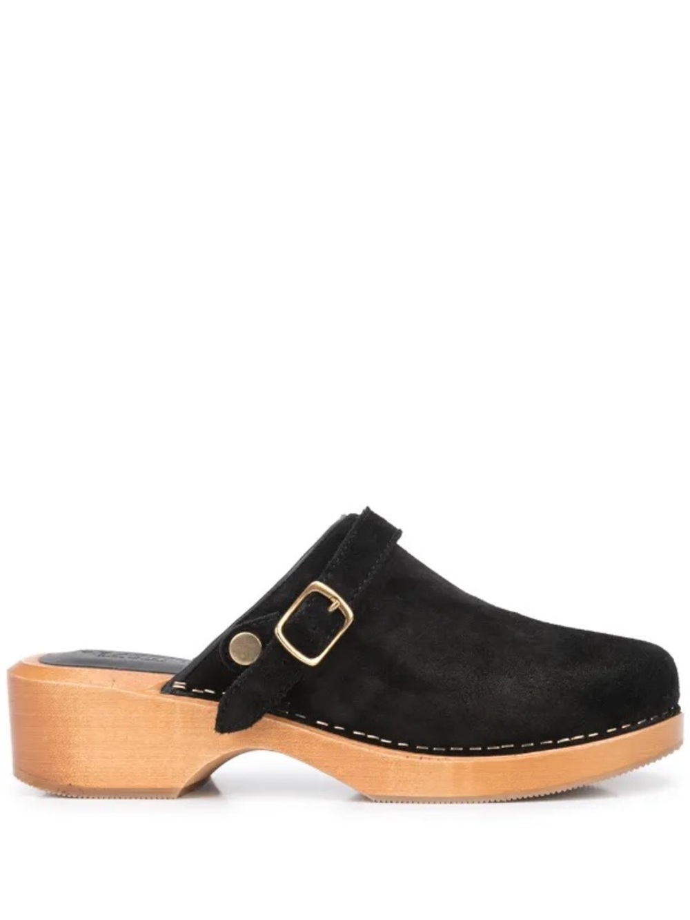 Re/Done Black Suede Clog Mule With Natural Wood Heel